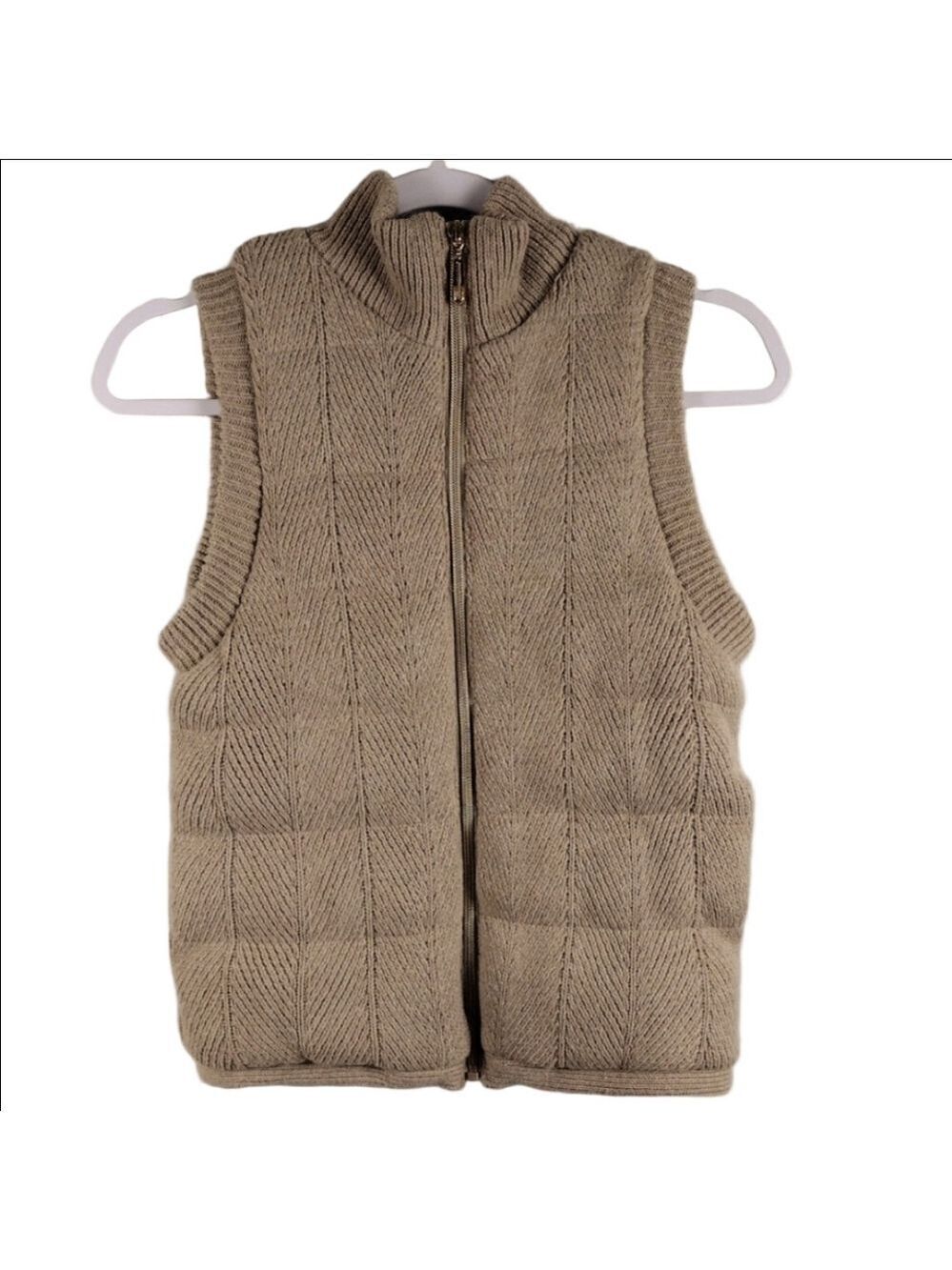Joie Beige Quilted Knit Funnel Neck Zipper Front Sleeveless Outdoor Sweater Vest